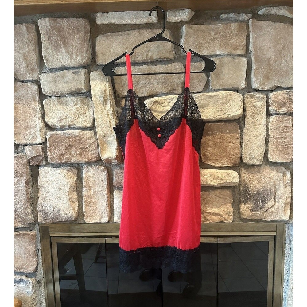 VTG 80s/90s Avon Style Slip Dress Mini Red chemise Black lace trim USA Made M
